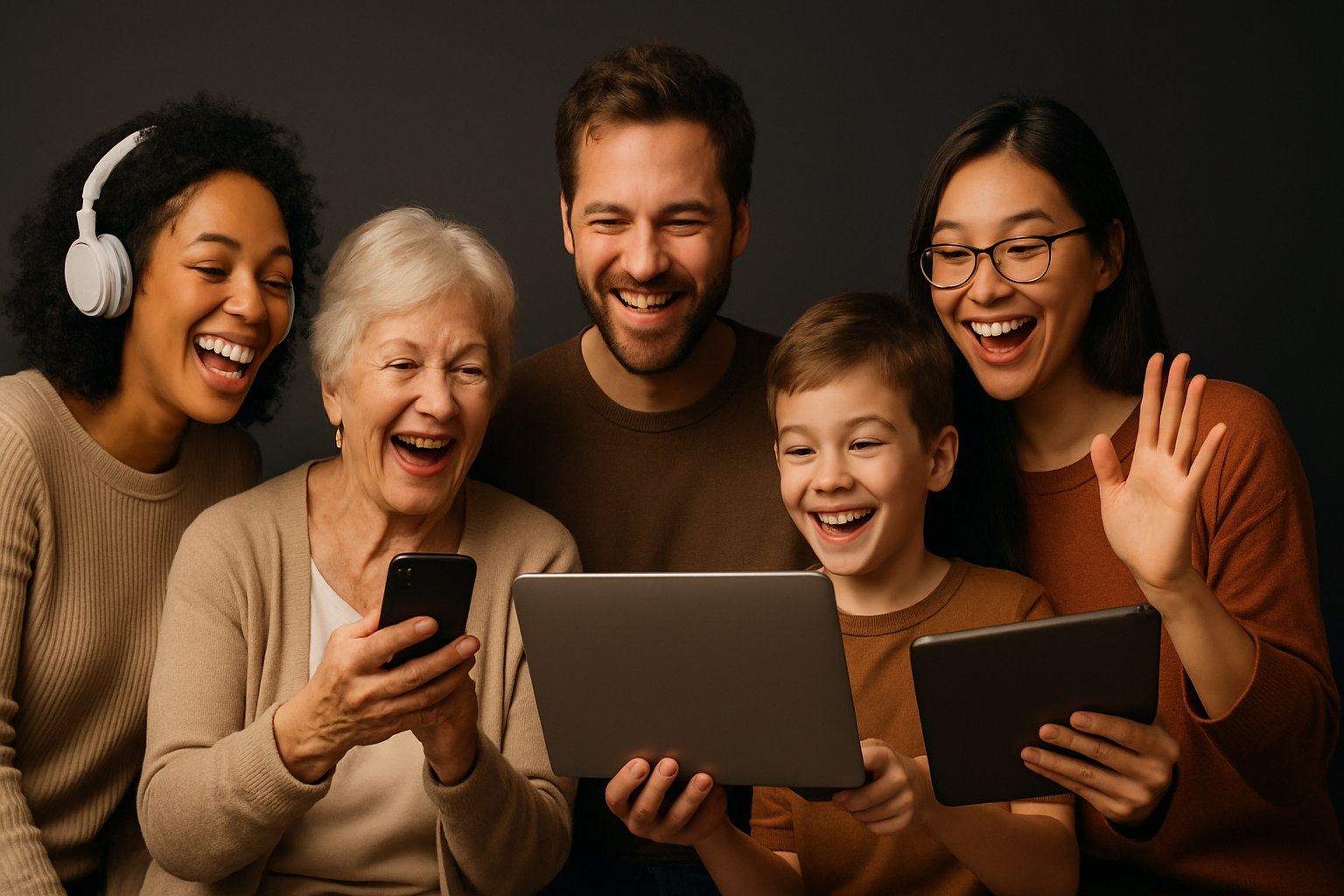 haz una imagen con fondo gris o algo oscuro en donde hayan personas reales disfrutando de productos tecnologicos estando felices